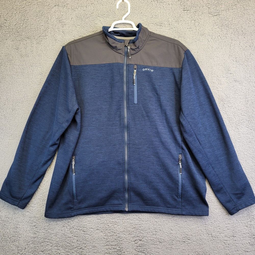 Orvis Men's‎ Sweater Size 2XL XXL Blue Full Zip High Neck Knit Fleece Lined